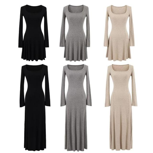 Long-Sleeve Square-Neck Plain Midi Knit Dress (Various Designs) Product Image