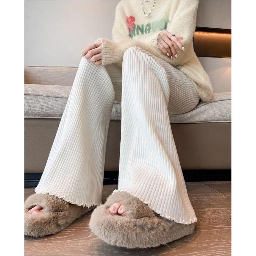 High Waist Plain Ribbed Knit Flared Pants product image