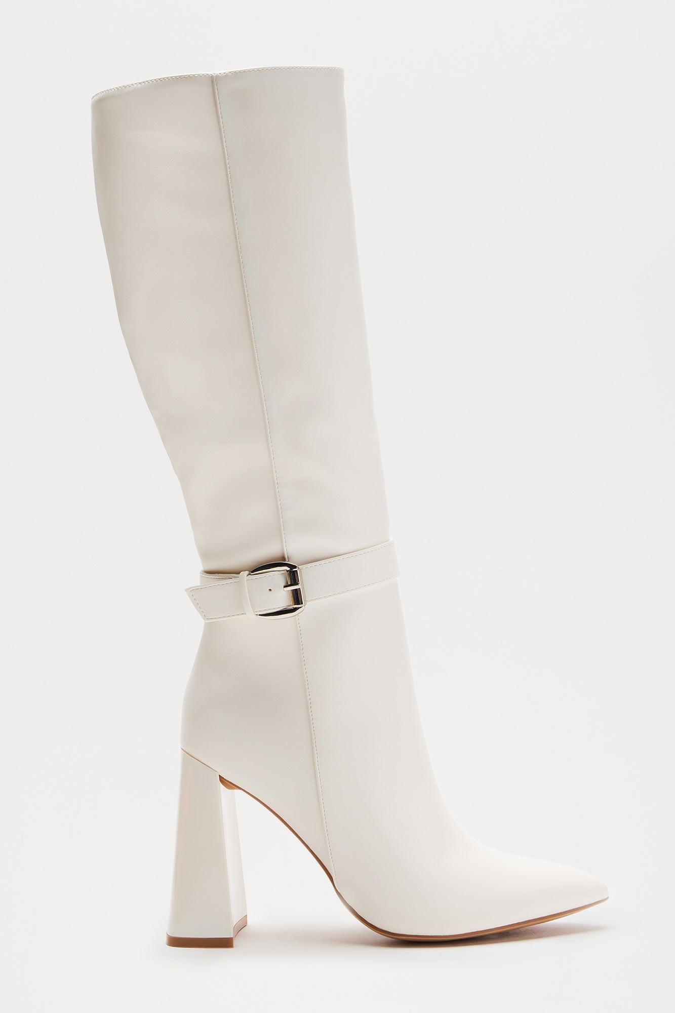 Tasha Buckle Knee High Boots - Off White Product Image