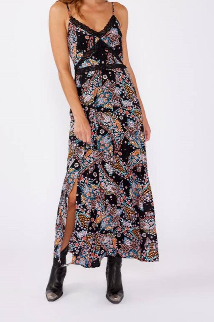 Floral Spaghetti Strap Lace Trim Maxi Dress Product Image