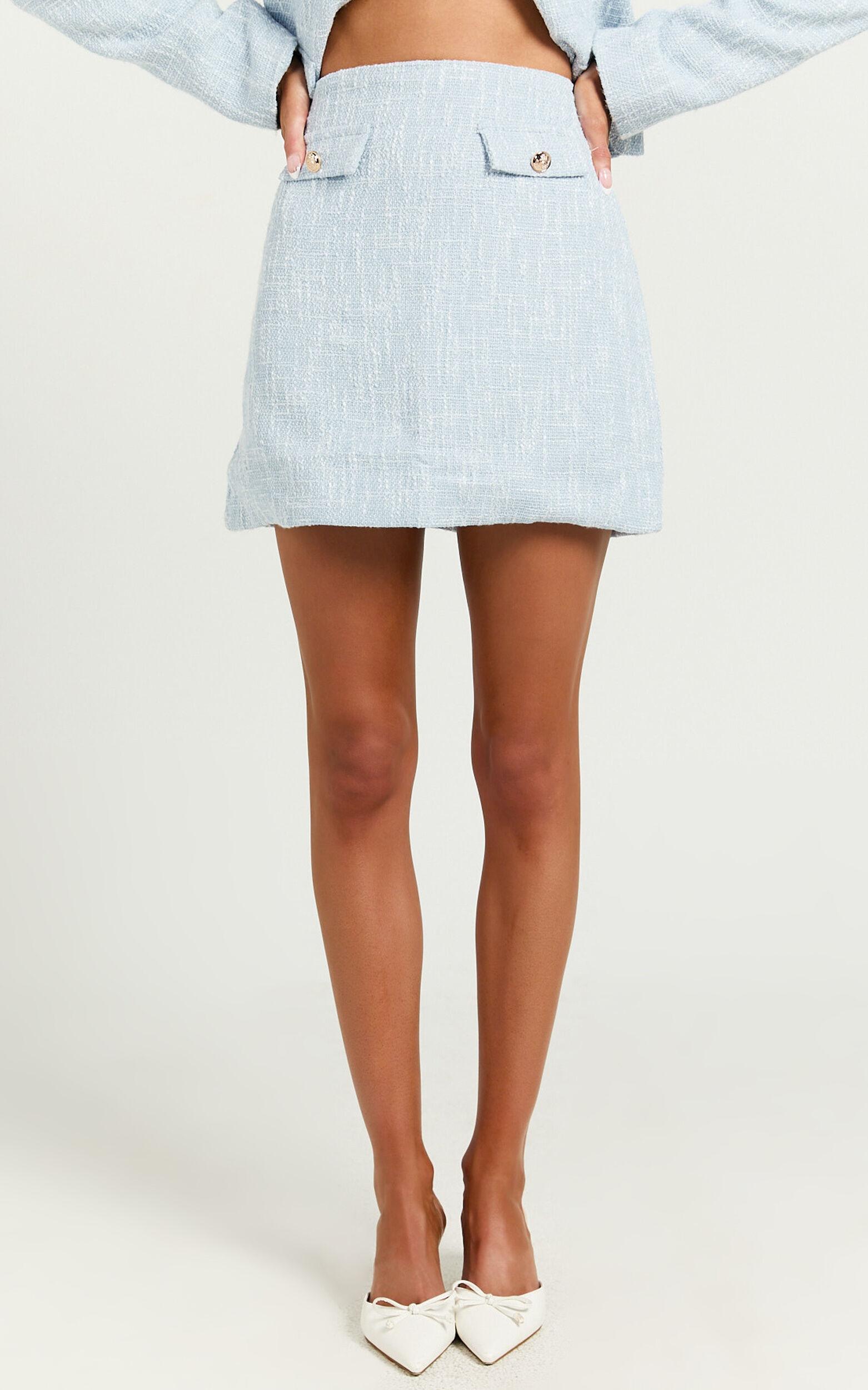 Olympia Mini Skirt - High Waisted A Line Boucle Skirt in Pale Blue Product Image