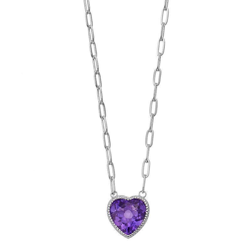 Rosabella Sterling Silver & Amethyst Heart Paper Clip Chain Necklace, Womens Product Image