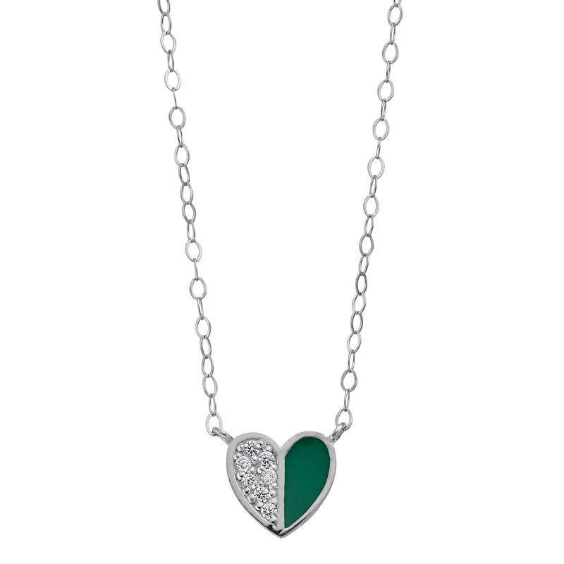 Aleure Precioso Sterling Silver Cubic Zirconia & Enamel Heart Necklace, Womens Green Product Image