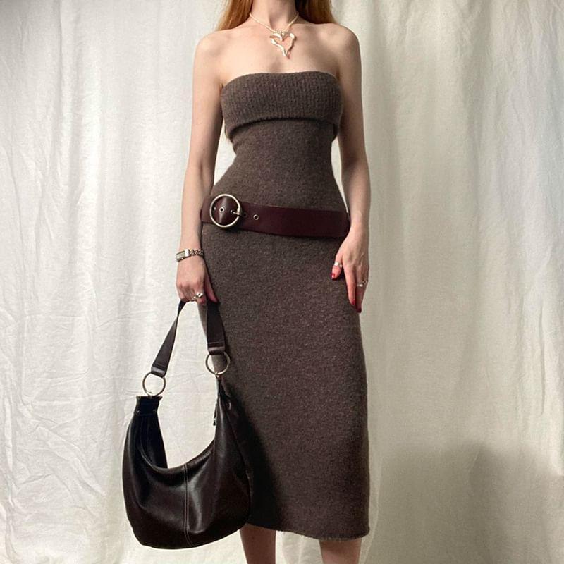 Plain Knit Midi Sheath Tube Dress Product Image