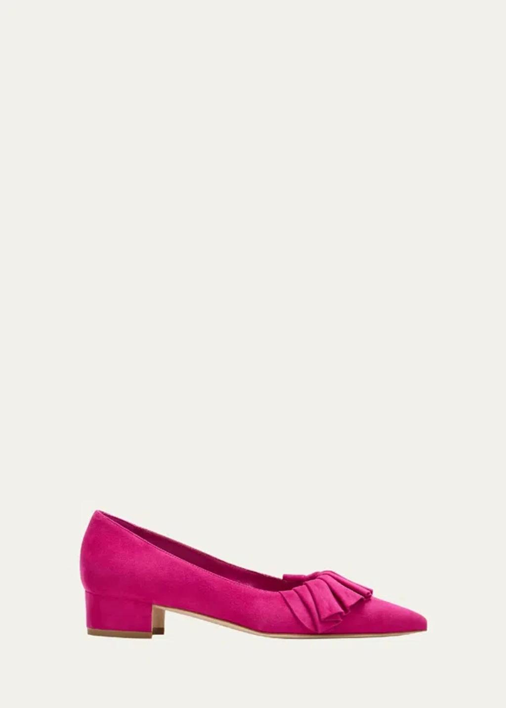 Suede Ruffle Ballerina Pumps In Dark Pink Product Image