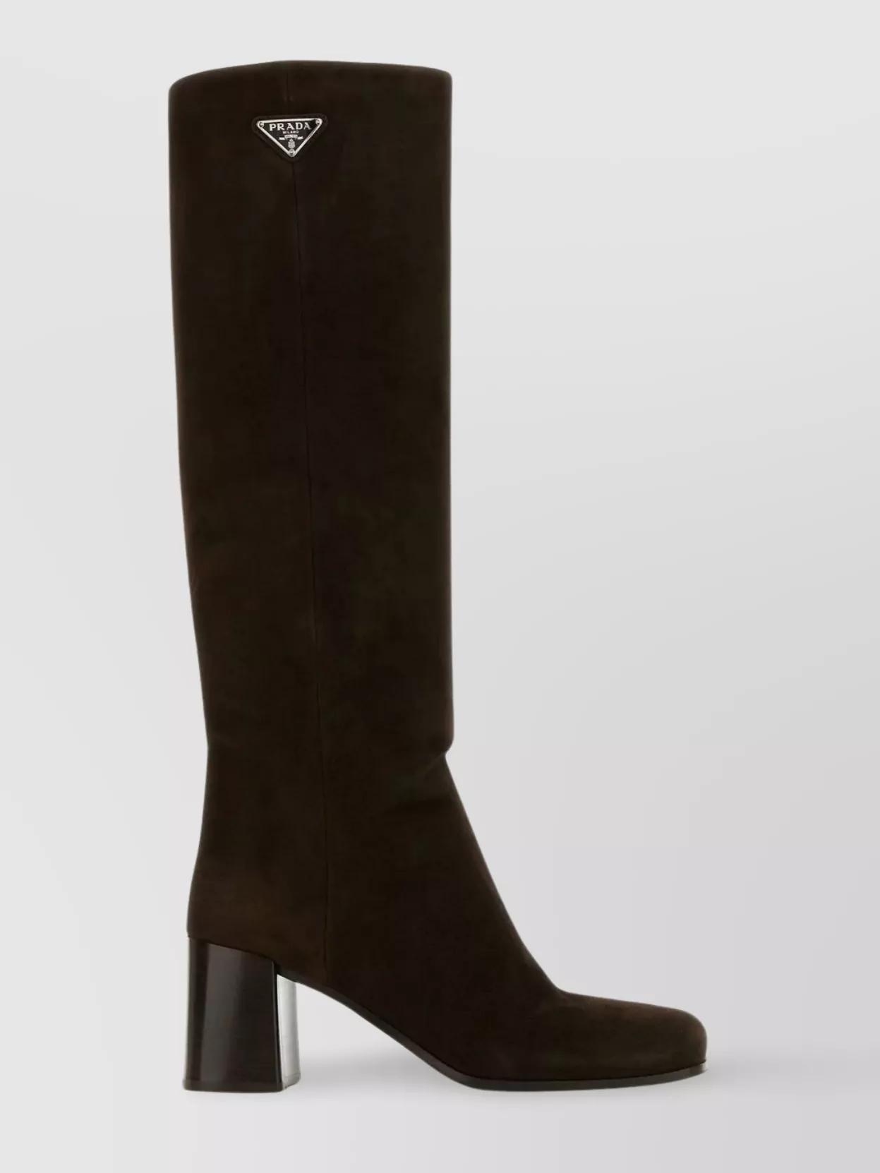 Suede Knee Length Boots With Block Heel In White product image