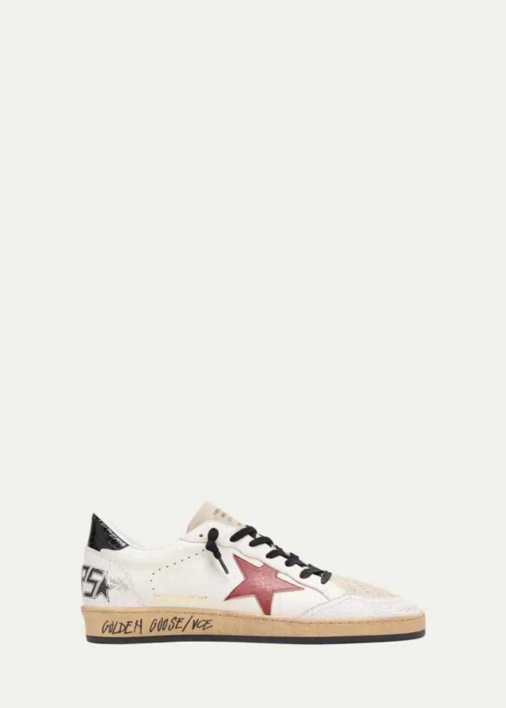 GOLDEN GOOSE Men's Ballstar Crackle-heel Leather Low-top Sneakers In White/red Product Image