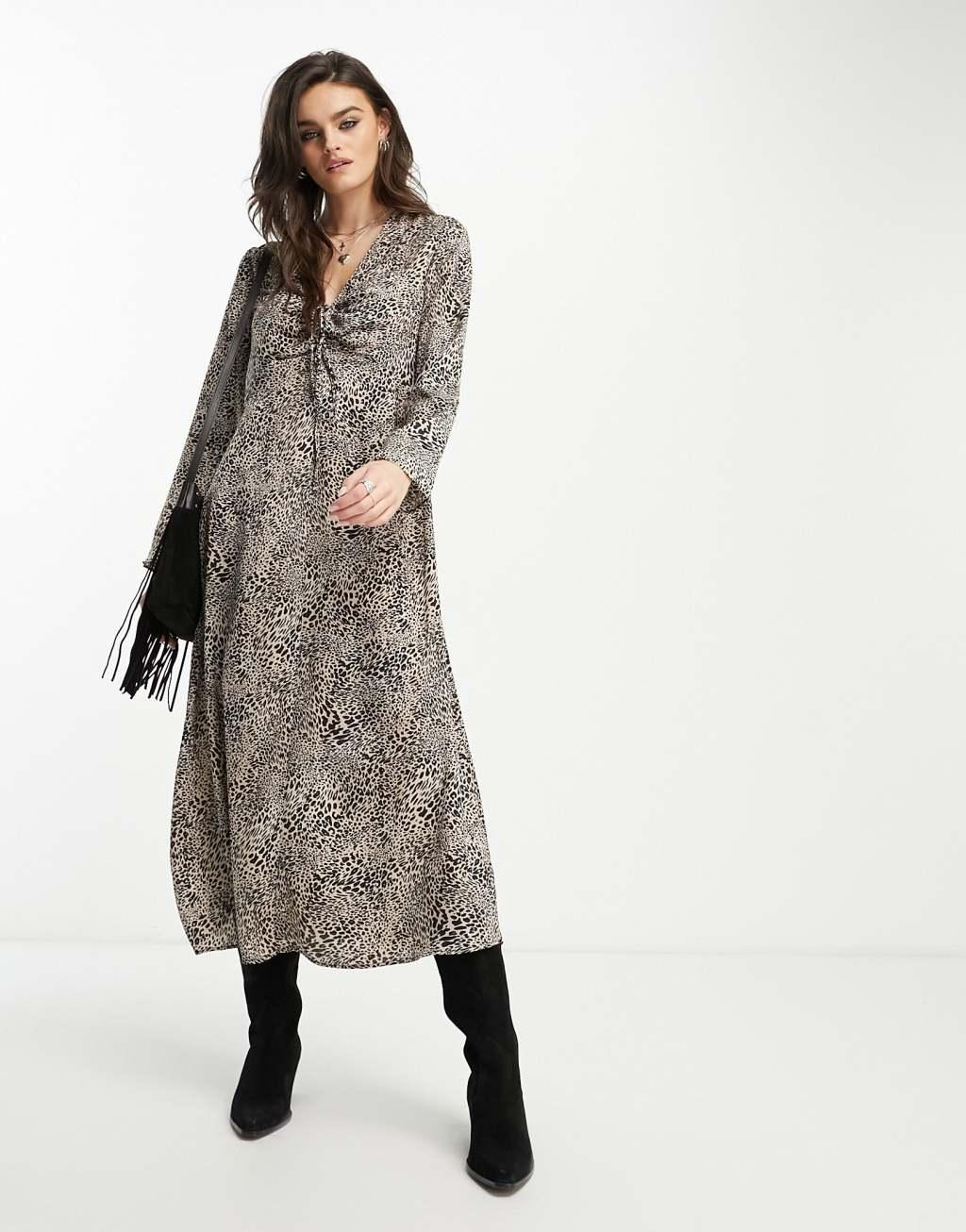 Mango long sleeve strap detail keyhole neckline midi dress in brown animal print Product Image