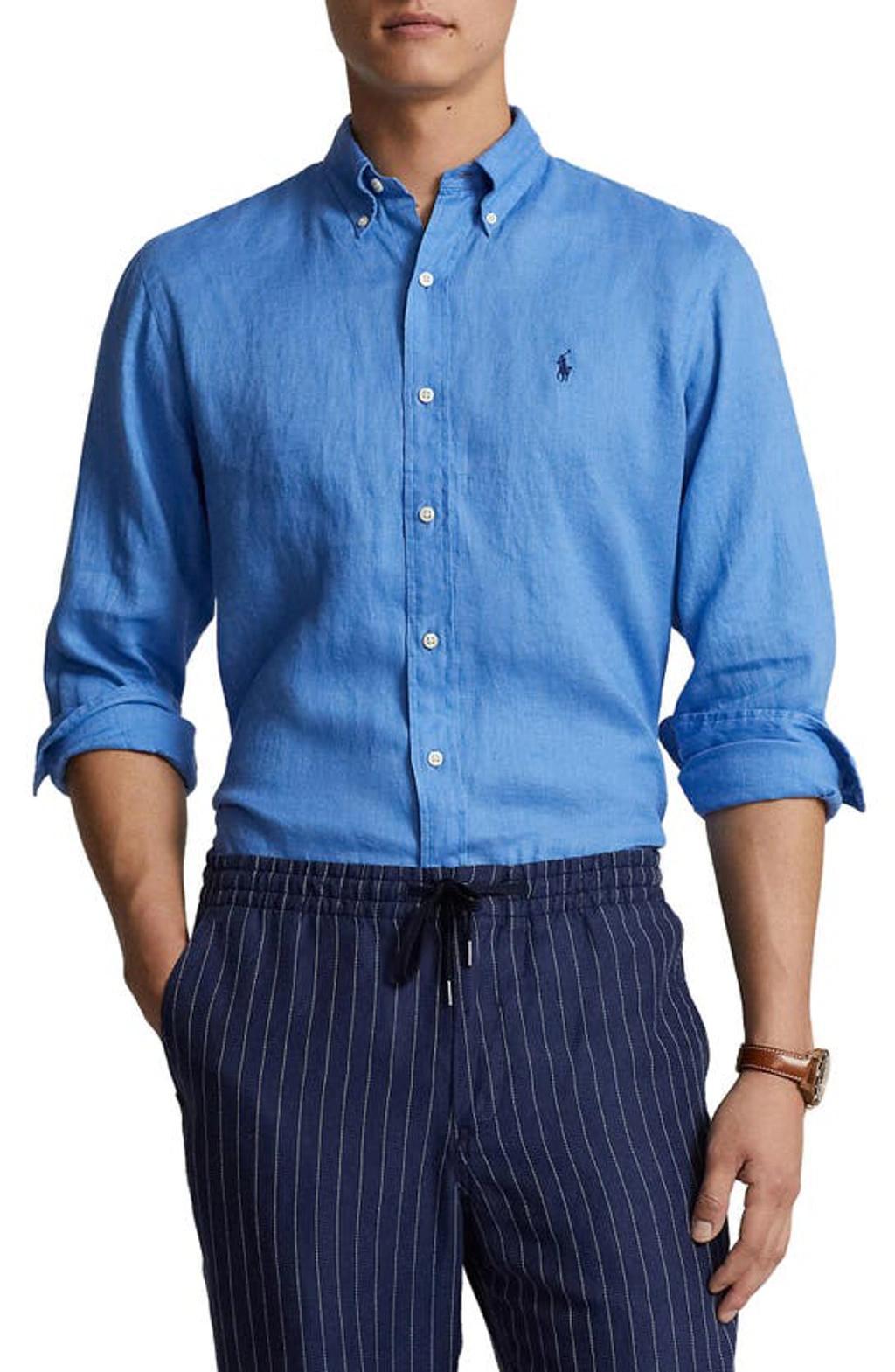 POLO RALPH LAUREN Piece Dyed Linen Button-down Shirt In Summer Blue Product Image