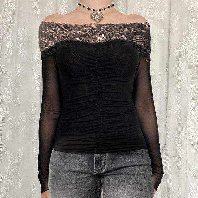 Long Sleeve Off-Shoulder Lace Panel Mesh See-Through Slim-Fit Top Product Image