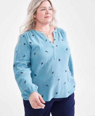 Plus Size Cotton Printed Long-Sleeve Top, Created for Macy's Product Image