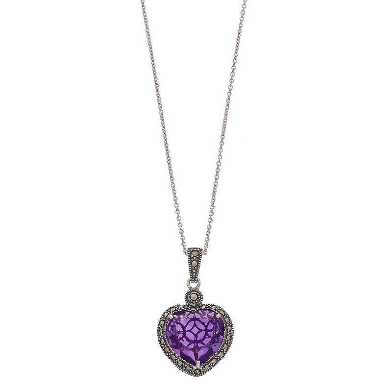 Lavish by TJM Sterling Silver Lab-Created Amethyst & Marcasite Heart Pendant Necklace, Womens Product Image