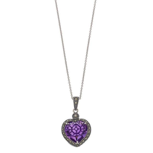 Lavish by TJM Sterling Silver Lab-Created Amethyst & Marcasite Heart Pendant Necklace, Womens Purple Product Image