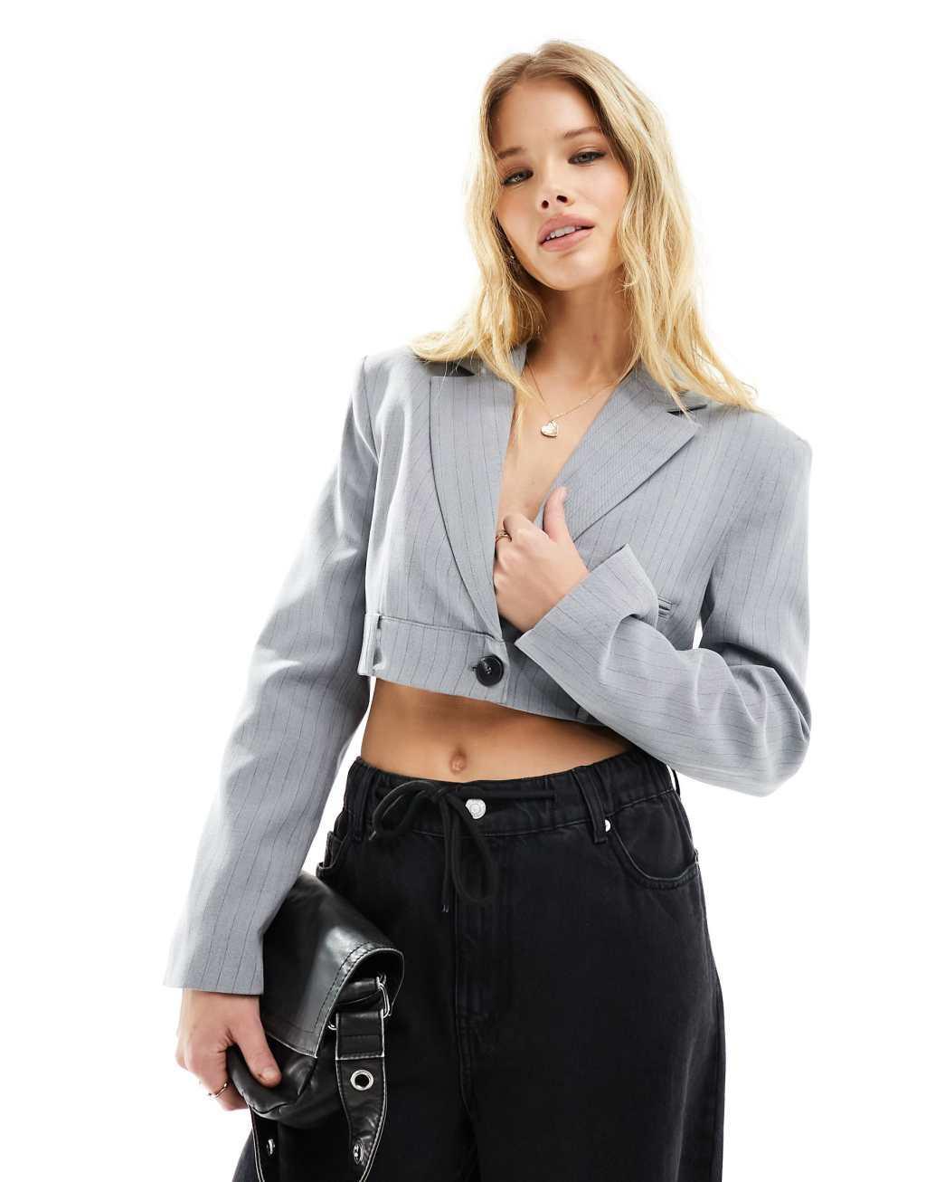 Bershka cropped blazer in gray pinstripe product image