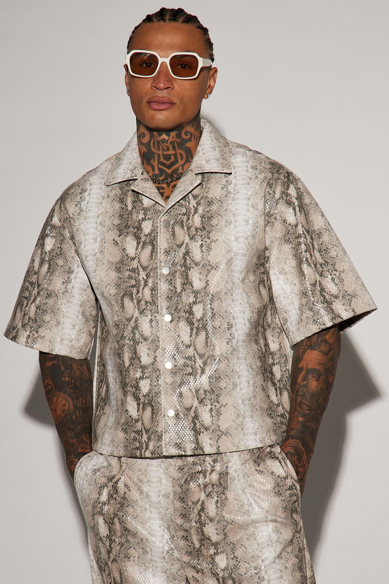 Cage's Faux Python Leather Cropped Button Up Shirt - Cream/combo Product Image