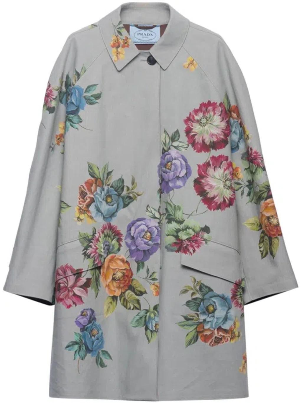 Printed Cotton Single-breasted Coat In Gray Product Image