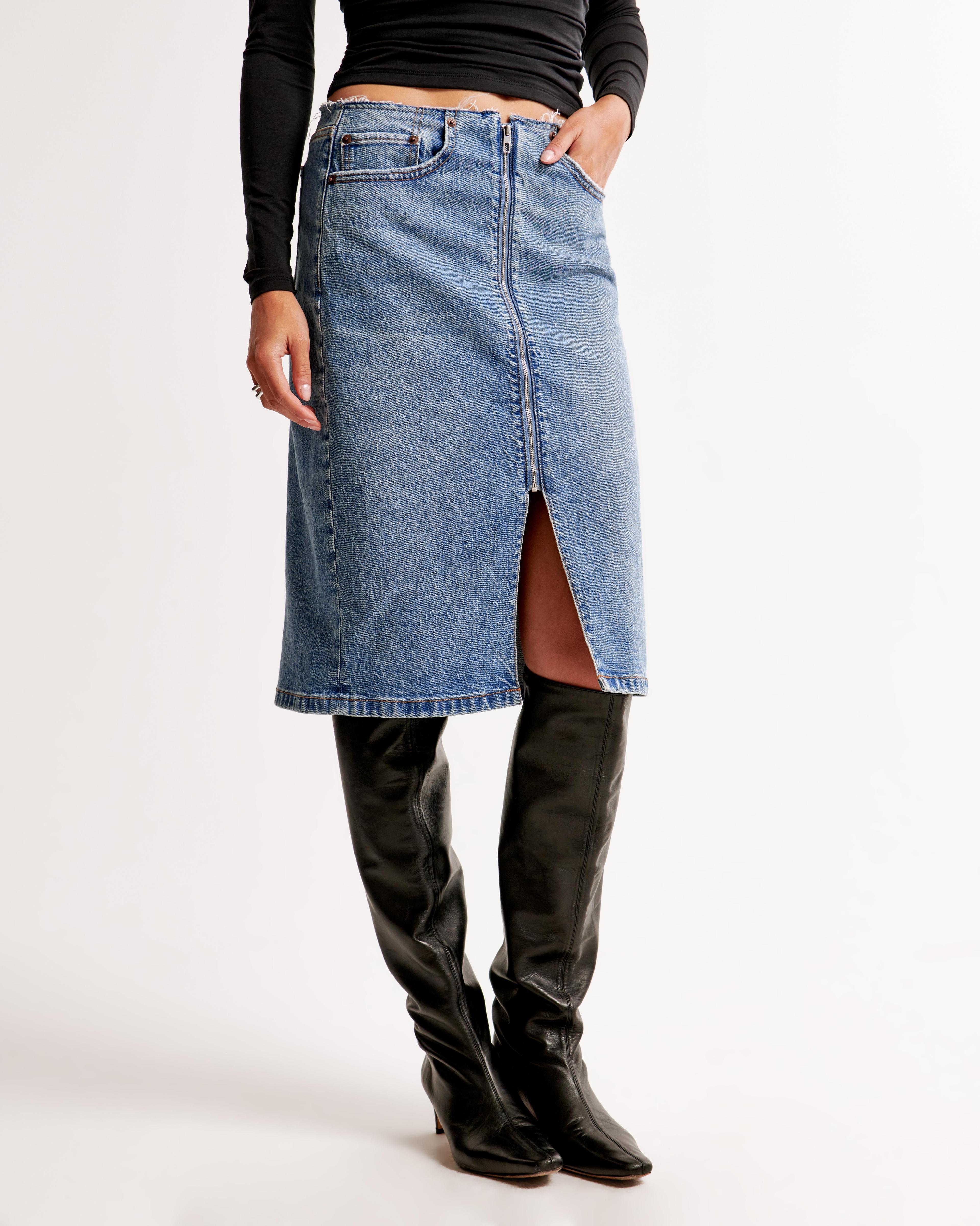 Mid Rise Denim Zip-Front Midi Skirt Product Image