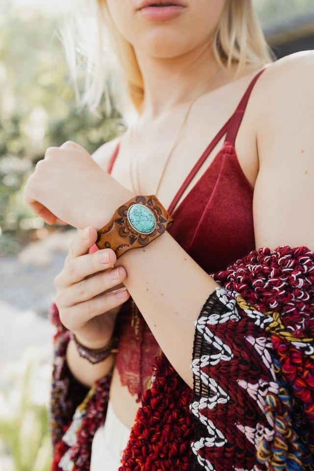 Boho Leather & Turquoise Cuff Bracelet Product Image