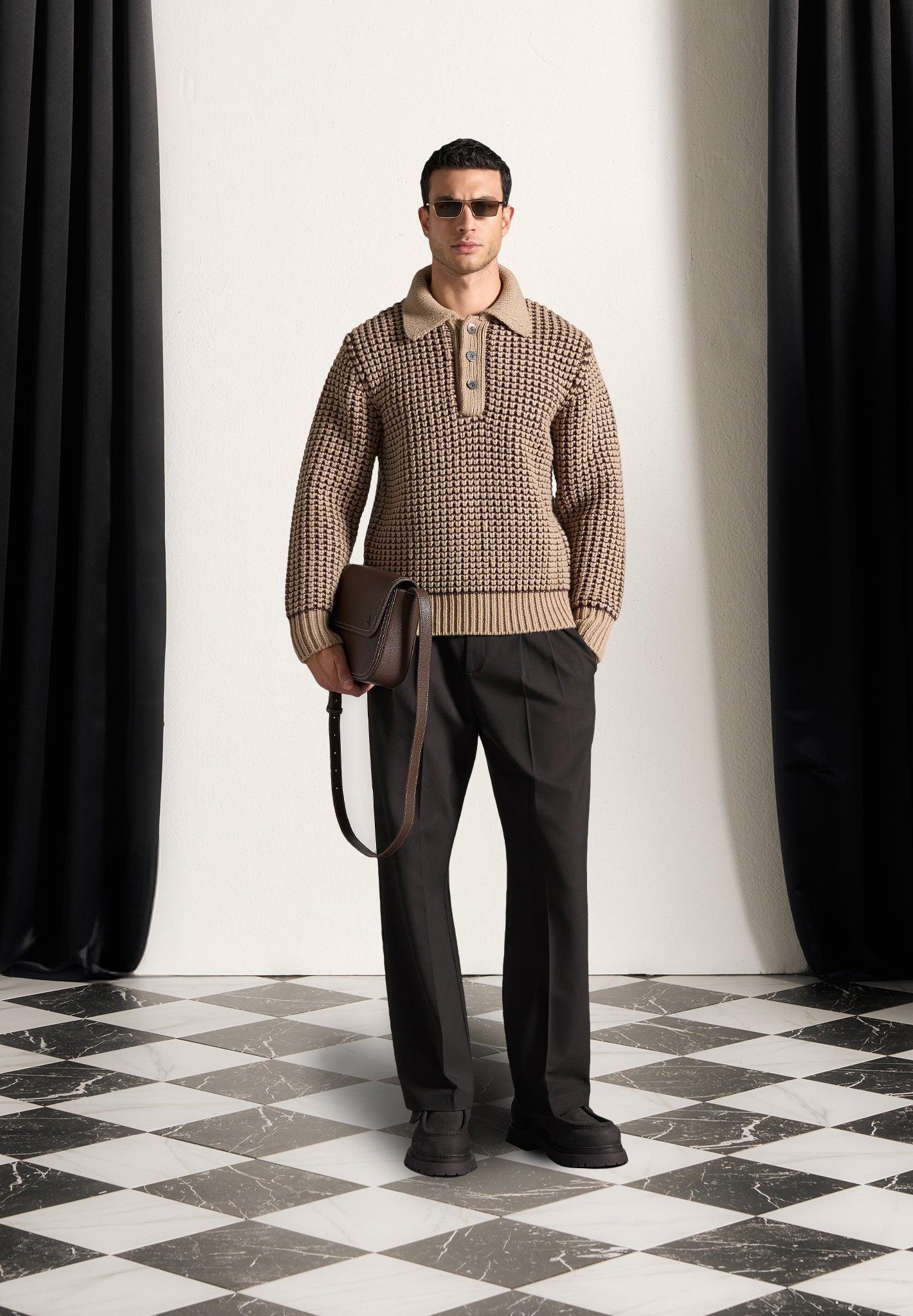 Textured Wool Knit Polo Jumper - Taupe Male Product Image