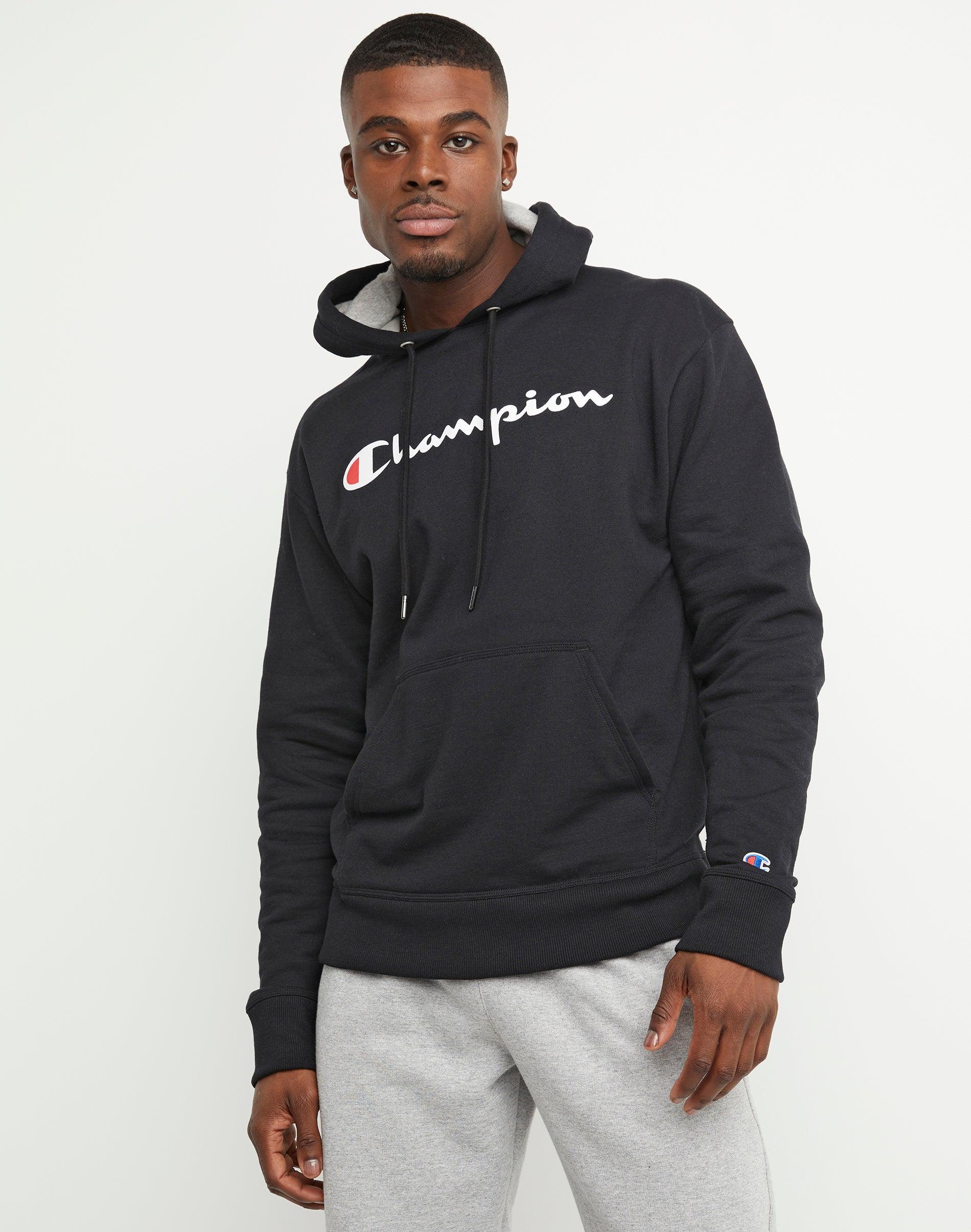 Mens Champion Powerblend Hoodie, Script Logo Navy XL Product Image