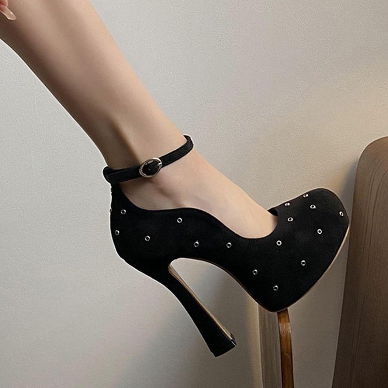 Chunky Heel Platform Ankle Strap Studded Faux Suede Pumps product image