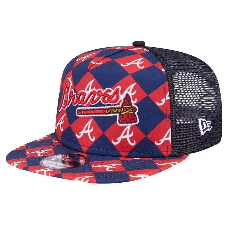 Mens New Era Navy Atlanta Braves Seeing Diamonds A-Frame Trucker 9FIFTY Snapback Hat, BRV Blue Product Image