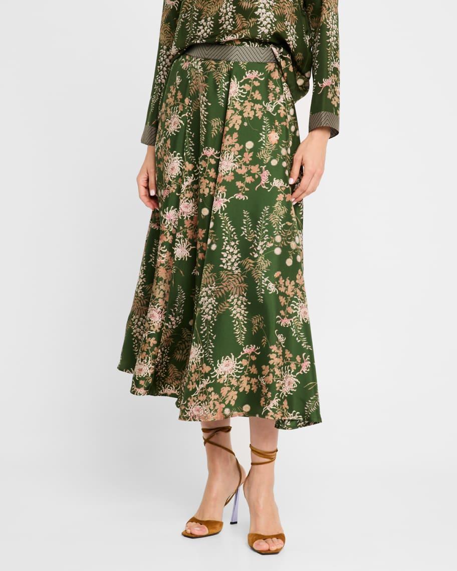 Floral-Print Silk Midi Skirt Product Image