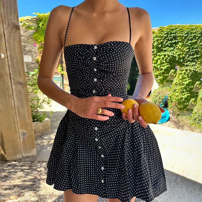 Spaghetti Strap Dotted Ruched Button-Up Mini A-Line Dress Product Image