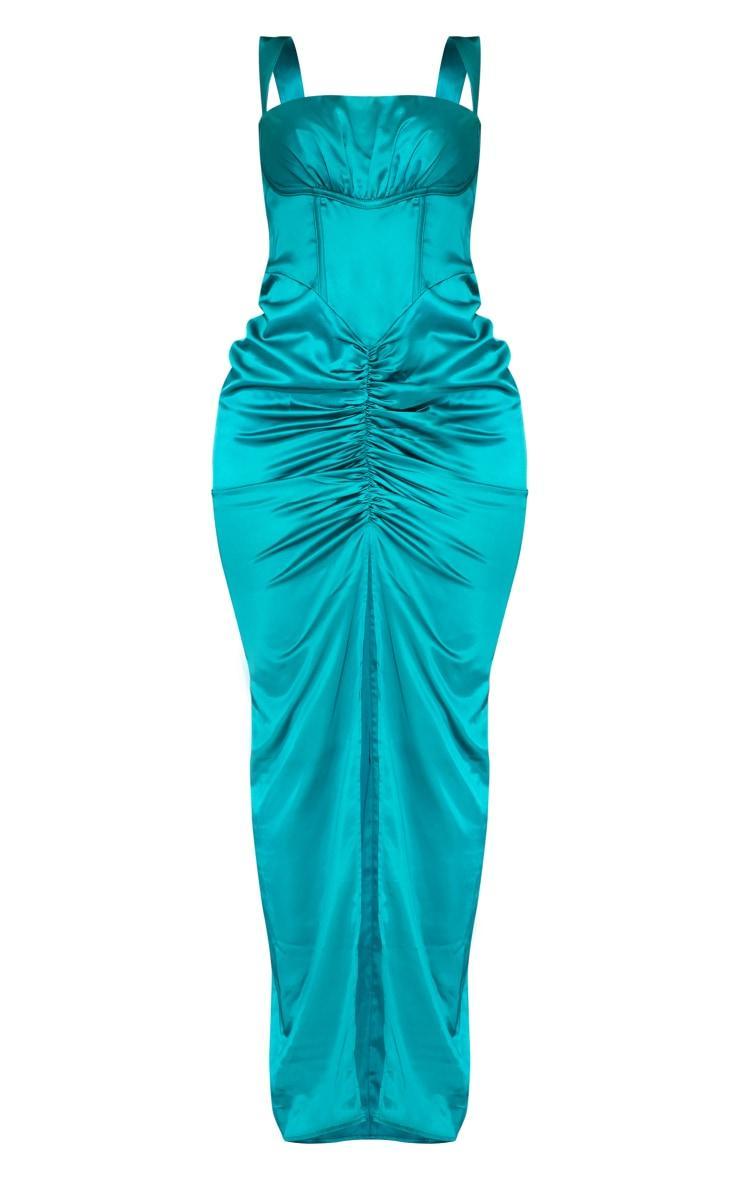  Teal Satin Corset Detail Ruched Maxi Dress Product Image