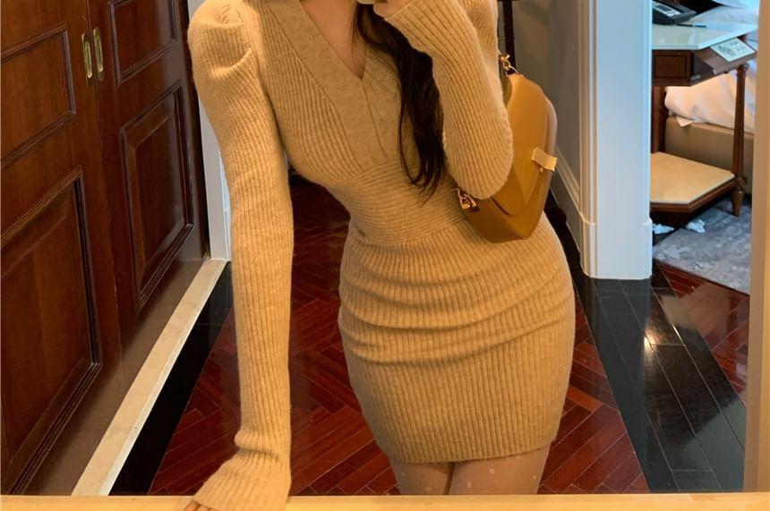 Long-Sleeve V-Neck Plain Ribbed Knit Mini Sheath Dress Product Image