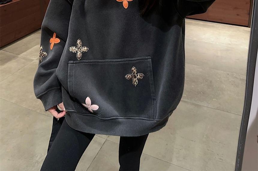 Flower Embroidered Pocket Detail Oversized Hoodie Product Image