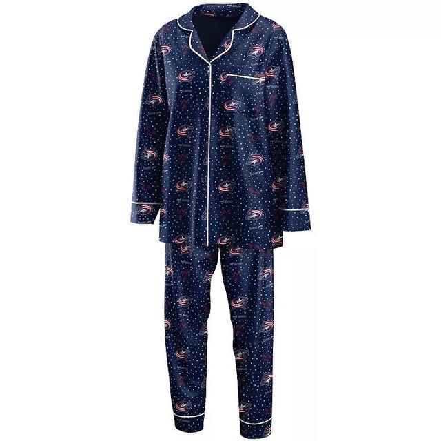 Womens WEAR by Erin Andrews Columbus Blue Jackets Long Sleeve Button-Up Shirt & Pants Sleep Set Product Image