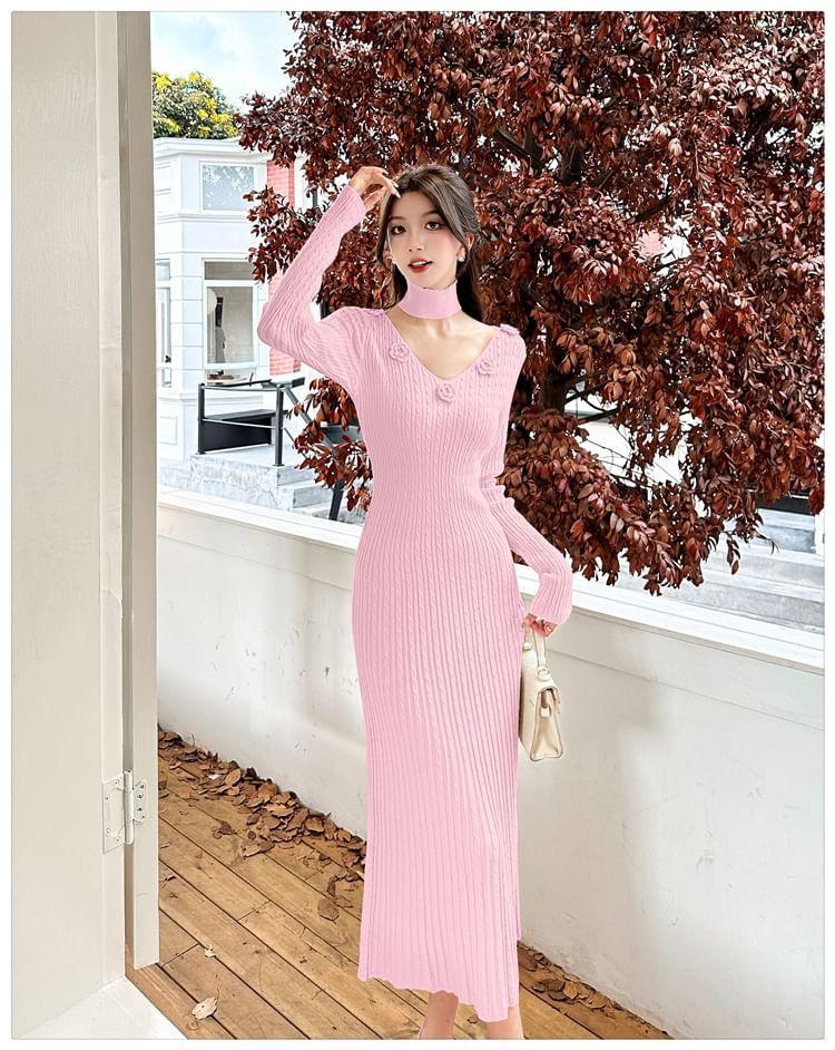 Set: Long-Sleeve Plain Flower Accent Ribbed Midi Sheath Knit Dress + Choker Product Image