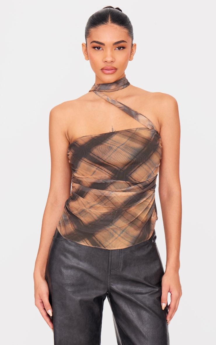 Multi Check Printed Mesh Scarf Detail Bandeau Top Product Image