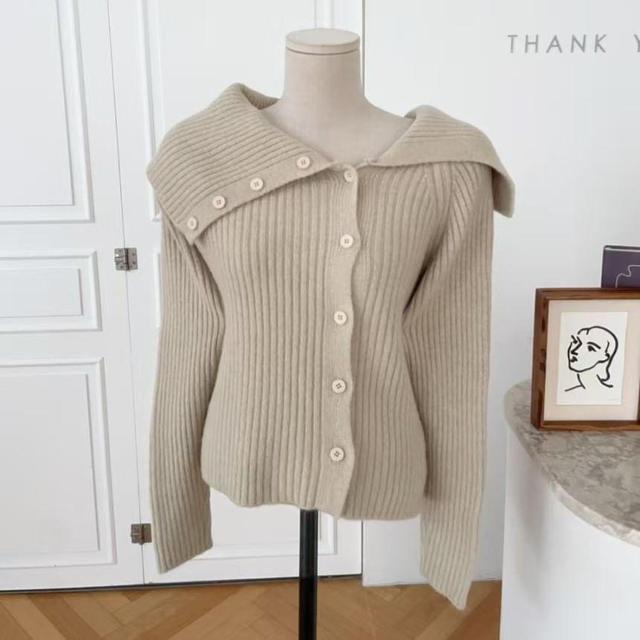 Off-Shoulder Long-Sleeve Plain Ribbed Button-Up Knit Top Product Image