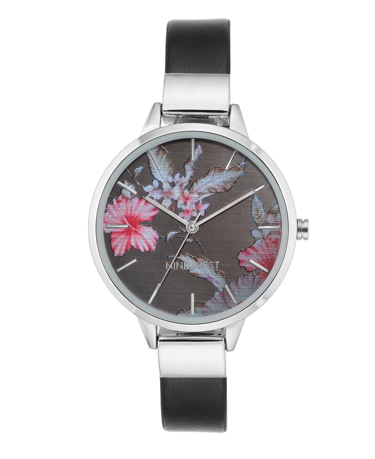 Nine West Womens Quartz Black Faux Leather Band and Floral Pattern Watch, 38mm - Black Product Image