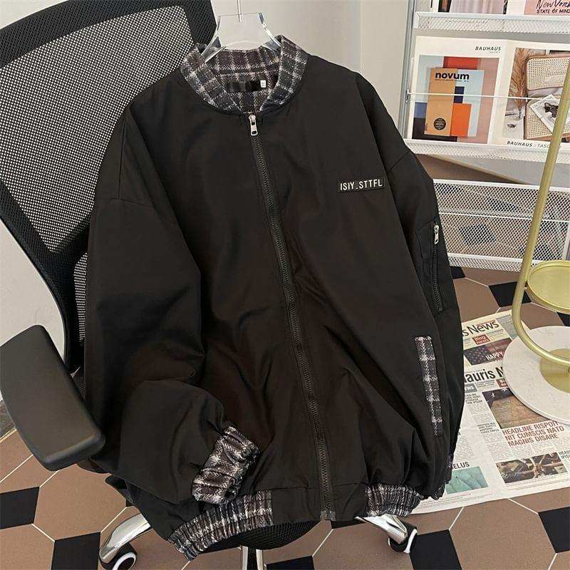 Plaid Panel Zip-Up Bomber Jacket Product Image