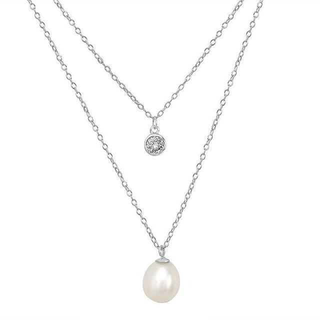 Gemistry Sterling Silver Cubic Zirconia Freshwater Cultured Pearl Double Layer Pendant Necklace, Womens Product Image