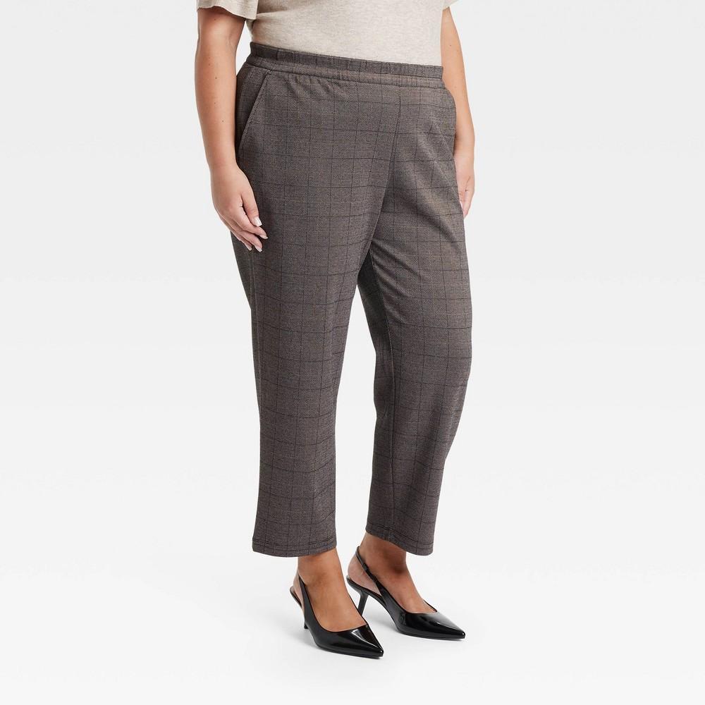 Womens High-Rise Tapered Ankle Knit Pull-On Pants - A New Day Light Brown Plaid 2X Product Image