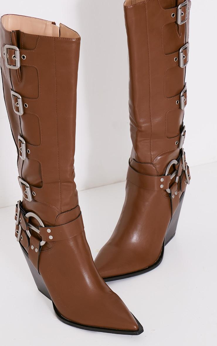 Brown Pu Point Toe Buckle Knee High Heeled Western Boots Product Image