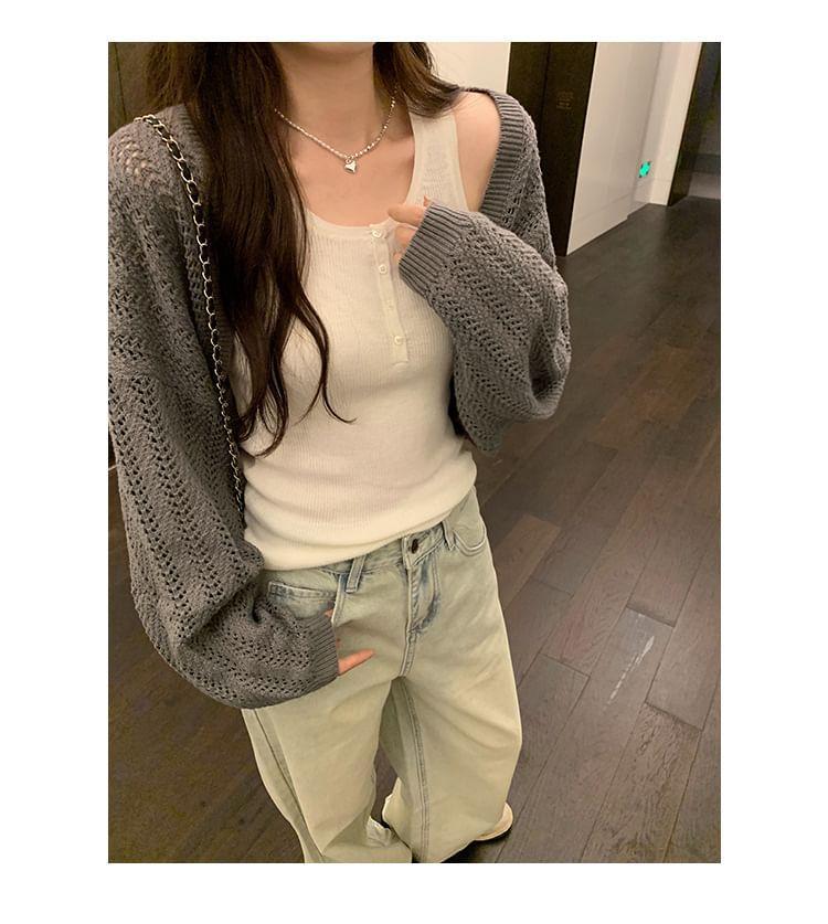 Puff-Sleeve Plain Pointelle Knit Cropped Cardigan Product Image