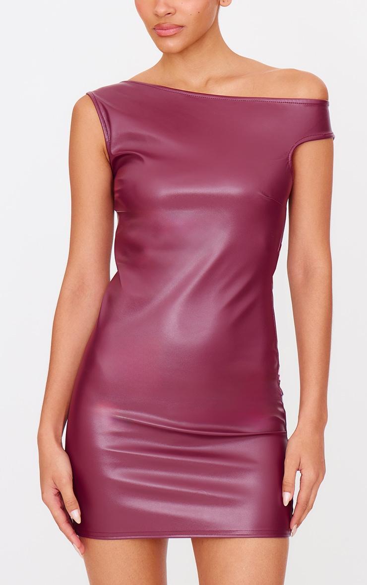 Burgundy Asymmetric Off Shoulder Faux Leather Mini Dress Product Image