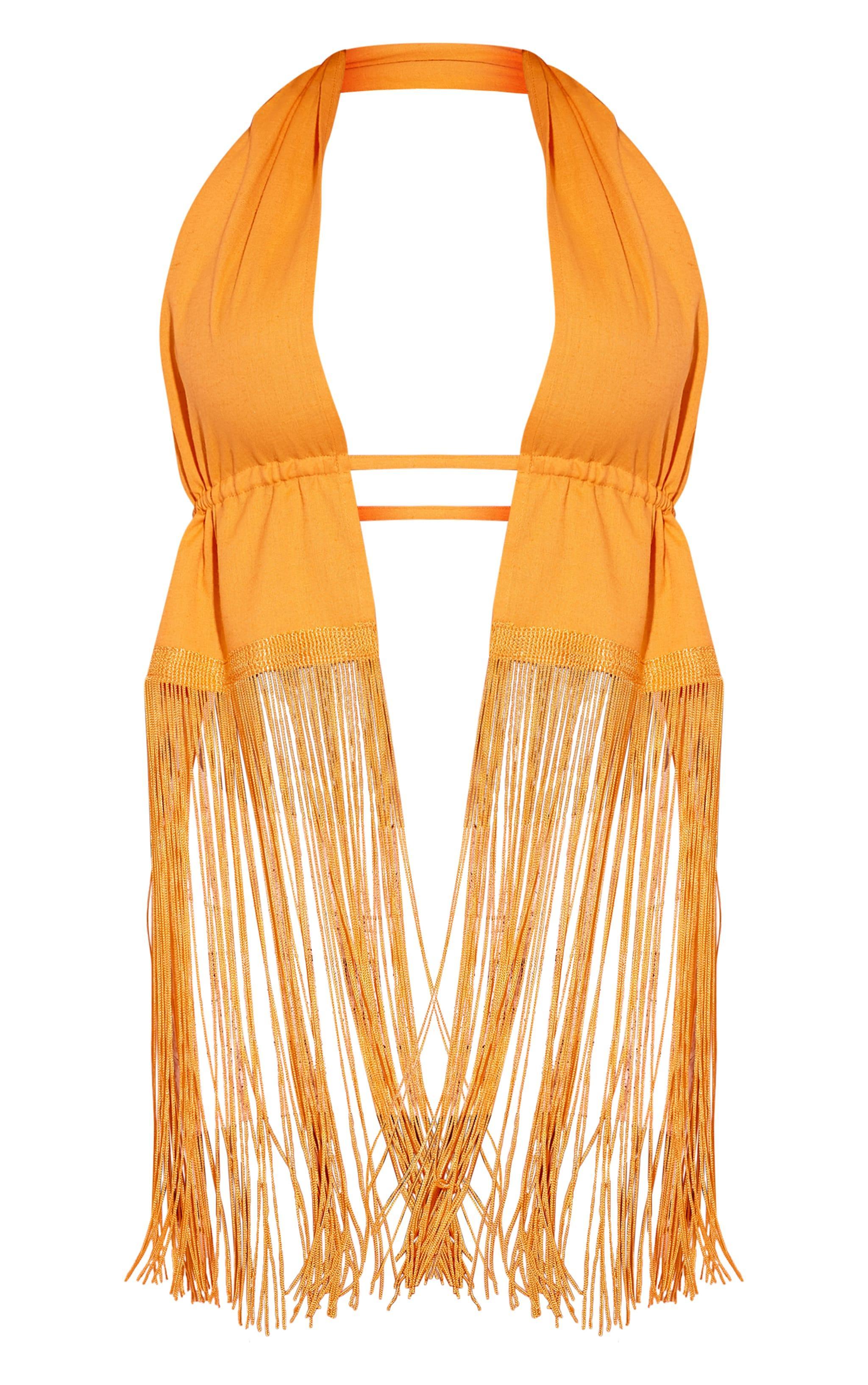 Orange Linen Look Halter Neck Tassel Edge Top Product Image