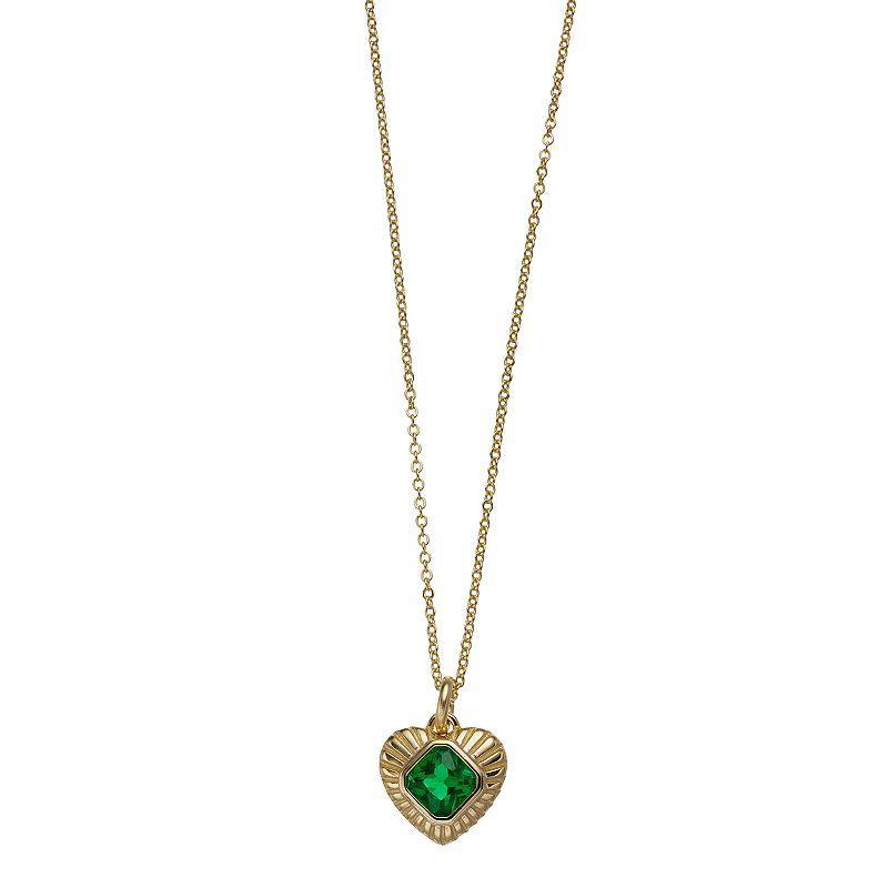 14k Gold Over Sterling Silver Green Cubic Zirconia Sunburst Heart Pendant Necklace, Womens Product Image