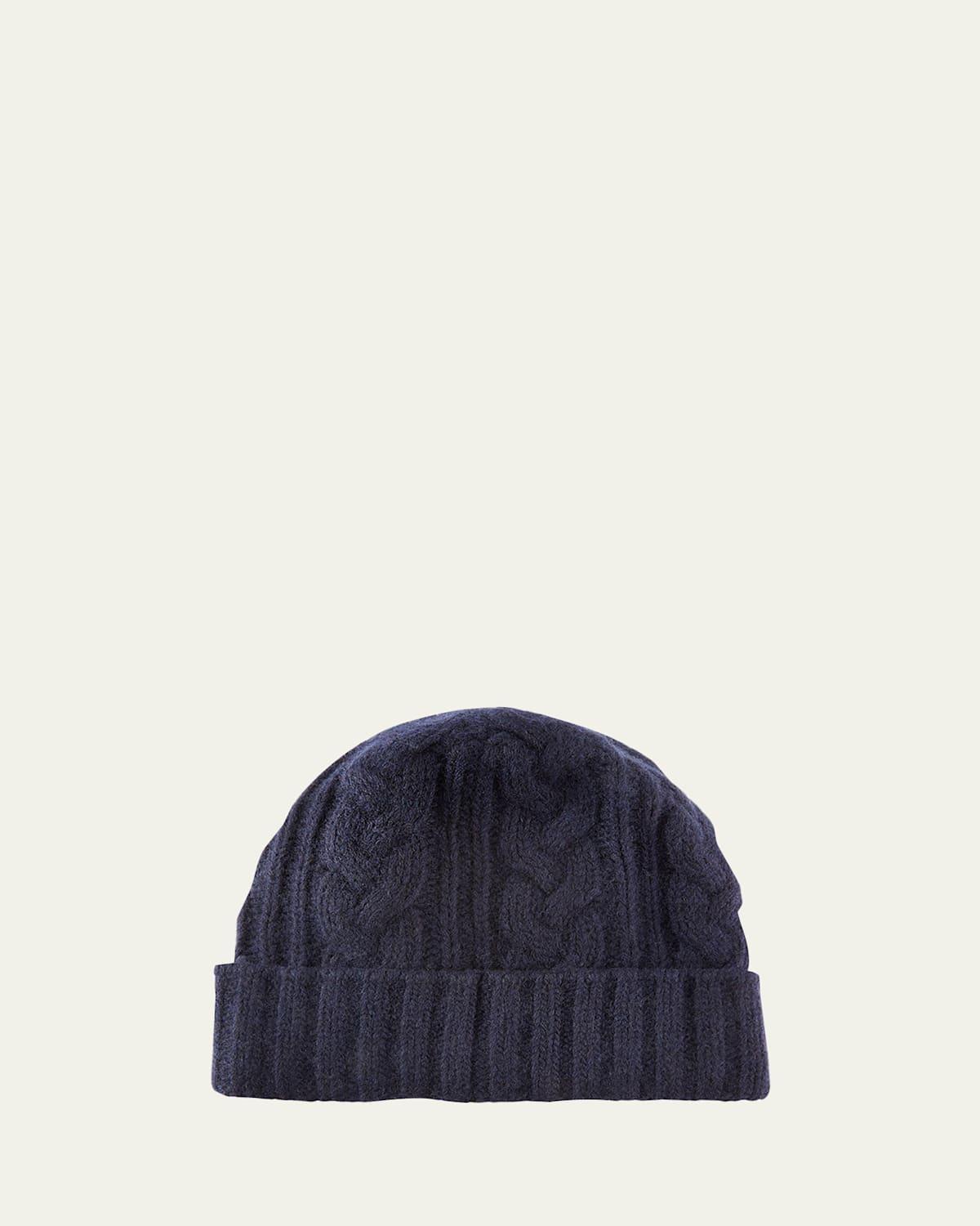 Portolano Men's Cable-Knit Cuffed Cashmere Beanie Hat  - NAVY Product Image