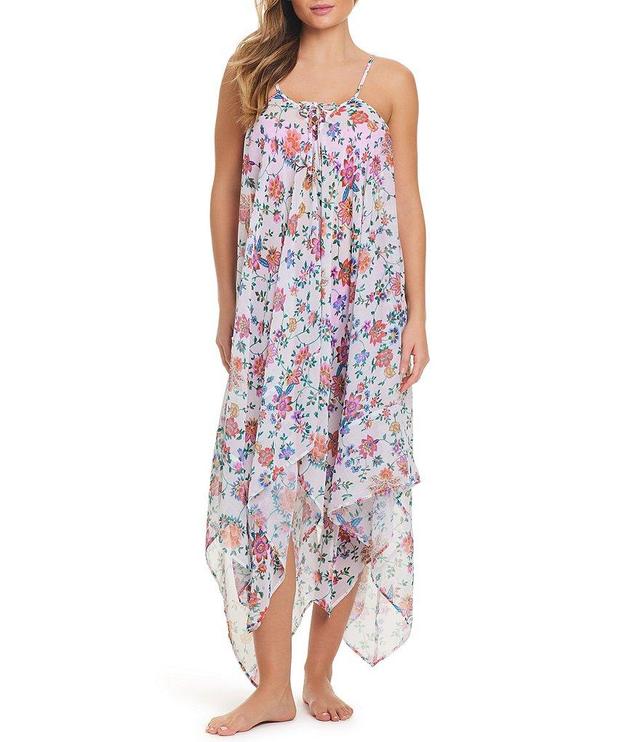 Jessica Simpson In Stitches Floral Print Lace-Up V-Neck Swim Cover-Up Dress Product Image