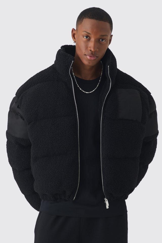 Borg & Nylon Funnel Neck Puffer In Black | boohooMAN USA Product Image