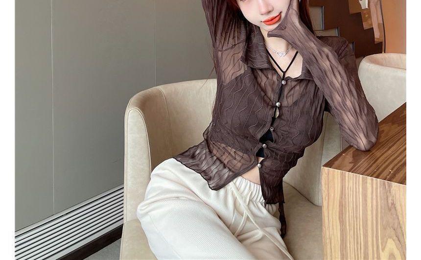 Long-Sleeve Sheer Knit Crop Top Product Image