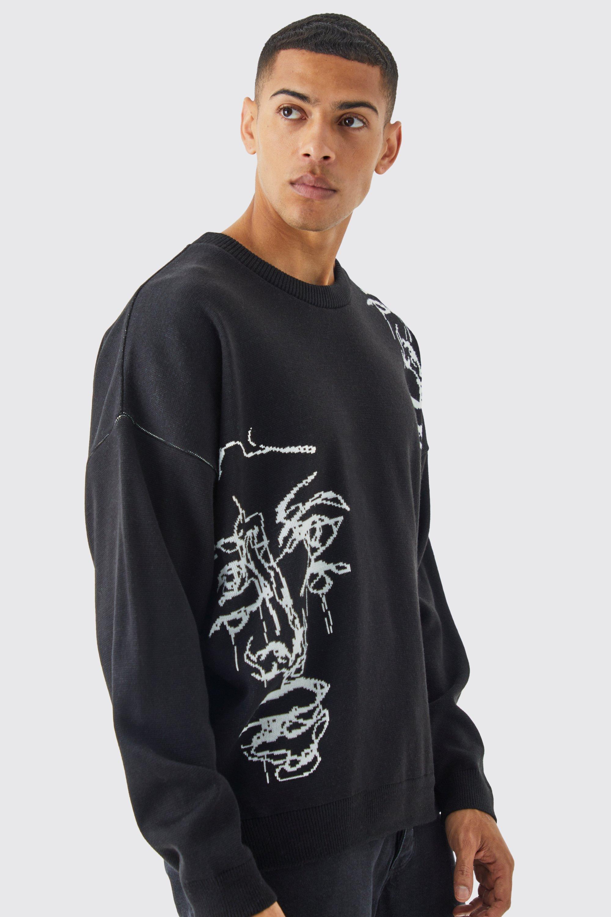 Mens Black Oversized Drop Shoulder Line Drawing Knit Jumper, Black Product Image