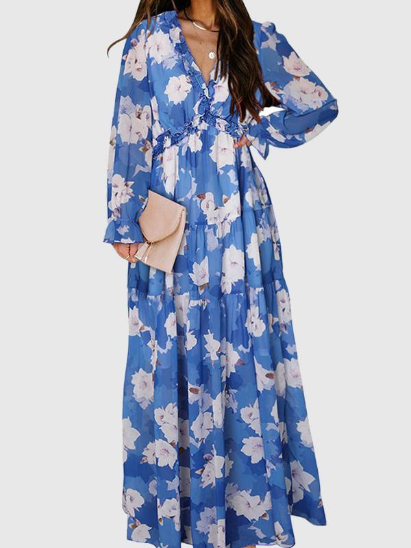 High Waisted Long Sleeves Flower Print Pleated Ruffled V-Neck Maxi Dresses Product Image